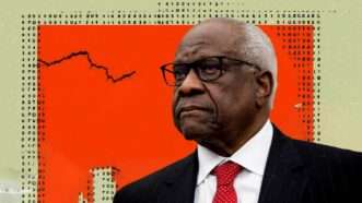 Clarence Thomas against a red and tan background | Illustration: Eddie Marshall | Francis Chung | POLITICO | UPI | Newscom |