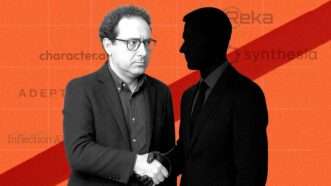 Illustration of Dario Amodei shaking hands with a shadowy figure with the names of smaller AI firms behind red tape | Illustration: Eddie Marshall | Inflection AI | Character.AI | Reka AI | Adept | Synthesia | Hertz Foundation | ChatGPT