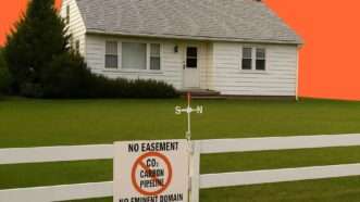 Eminent domain sign in front of home. | Illustration: Eddie Marshall | Julie Glade | ChatGPT