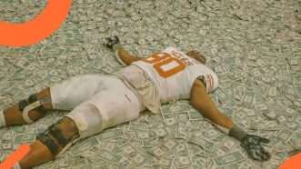 A football player in a white Texas uniform laying on the ground, with his arms and legs splayed out as if he's been making a snow angel, except there are photoshopped dollar bills all over the ground. | Illustration: Eddie Marshall | ChatGPT/Rich von Biberstein/Icon Sportswire DKB/Rich von Biberstein/Icon Sportswire/Newscom