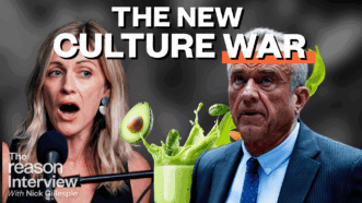 Elizabeth Nolan Brown (left) and Robert F. Kennedy Jr. (right) appear in front of a dark background featuring an avocado, spinach, and a splash of green juice. Bold white text across the top reads: “THE NEW CULTURE WAR.” | Illustration: Eddie Marshall