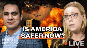 Faisal Al Mutar (left) and Emma Ashford (right) appear in front of a dramatic background featuring city buildings, large fiery explosions, and fighter jets flying overhead. Bold white text in the center reads “IS AMERICA SAFER NOW? | Illustration: Eddie Marshall