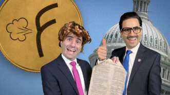 Remy dressed as two politicians stand in front of an image of the crypto currency fartcoin and the US Capitol building dome. | ReasonTV