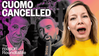 Kristen Soltis Anderson appears on the far right wearing a yellow shirt. At the far left is Andrew Cuomo, with Zohran Mamdani speaking into a microphone at center. Large bold text at the top reads “CUOMO CANCELLED.” | Illustration: Adani Samat