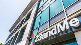 The 23andMe logo on the side of a building | D 155683445 | 23andme © Andreistanescu | Dreamstime.com