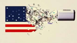 An American flag feeds money into a shredder | Illustration: Eddie Marshall | Midjourney