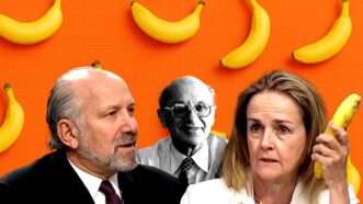 Commerce Secretary Howard Lutnick and Rep. Madeleine Dean, who holds a banana, with Milton Friedman in between them, against an orange backdrop full of bananas. | Illustration: Eddie Marshall | CBS News | ChatGPT | Charles Osgood | TNS | Newscom