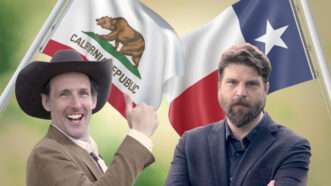 Actors playing California and Texas mayors stand in front of their state flags. | ReasonTV