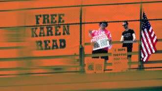 Two people stand next to a "FREE KAREN READ" sign | Illustration: Eddie Marshall | Kenneth Martin | ZUMAPRESS |Newscom