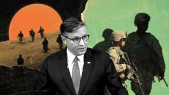 House Speaker Mike Johnson (R–La.), in between images of U.S. soldiers at war. | Illustration: Eddie Marshall | RSBN | X | Midjourney