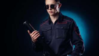 A young man in a police uniform and sunglasses, holding a baseball bat. | Artrotozwork | Dreamstime.com