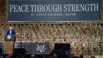 President Donald J. Trump highlights the importance of peace through strength during a visit to Al Udeid Air Base, Qatar, May 15, 2025 | Polaris/Newscom