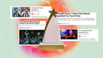 A Southern California Journalism Award trophy is seen surrounded by Reason headlines | Illustration Eddie Marshall