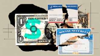 A dollar bill is seen behind a ripped Medicare card and a ripped Social Security card | Illustration: Eddie Marshall | Steveheap | Jon Anders Wiken | Dreamstime.com | Midjourney