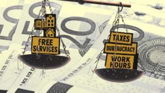 Against a backdrop of cash, a set of scales, with "Free Services" on one side and "Taxes," "Bureaucracy," and "Work Hours" on the other. | Illustration: Eddie Marshall | Erik1977 | Dreamstime.com | ChatGPT | Midjourney
