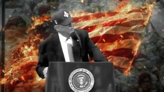 President Donald Trump stands in front of a burning flag | Illustration: Eddie Marshall | Vladimir Polikarpov | Dreamstime.com | Screenshot, X