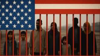 Immigrants stand behind the American flag as it melts into prison bars | Illustration: Eddie Marshall | ChatGPT