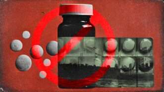 Opioid pills and a prescription bottle, with a red cancel sign in front of it | Illustration: Eddie Marshall | Midjourney