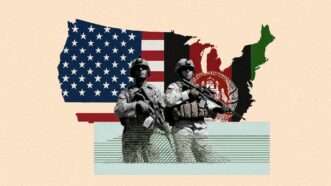 A tan background with a map of the United States with different flags across it and soldiers standing in front | Illustration: Eddie Marshall | Midjourney | ChatGPT