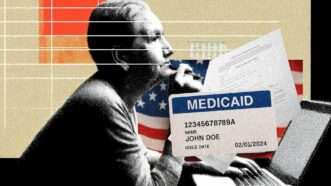 A person sits against a tan, red, orange, and white background with a laptop in front of him, an American flag behind him, and a Medicaid card across the image | Illustration: Eddie Marshall | Nancy Walker | Dreamstime.com | Midjourney | ChatGPT