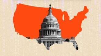 Illustration of the Capitol on a map of the U.S. with lines of binary on top | Illustration: Eddie Marshall | Catherine Lall | Warenemy | Donfiore | Dreamstime.com