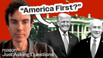 Curt Mills next to an image of Trump and Netanyahu and the caption "America First?" | Illustration: Edward Marshall