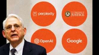 Former Attorney General Merrick Garland in front of tech logos | Illustration: Eddie Marshall | John Rudoff | Sipa USA | Newscom | Midjourney