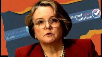 Illustration of Abigail Slater in front of Children's Health Defense and Trusted News Initiative logos. | Illustration: Eddie Marshall | Mattie Neretin | CNP | Polaris | Newscom | Children’s Health Defense | Trusted News Initiative | Midjourney