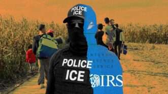 An orange tinted picture of immigrants in the background. A masked figure is in the foreground; half in black with the words "POLICE ICE" and half in blue with the words "INTERNAL REVENUE SERVICE IRS." | Illustration: Eddie Marshall | Internal Revenue Service | Radek Procyk | Natalia Bratslavsky | Dreamstime.com | ChatGPT