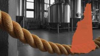 Behind the scenes at a brewery with a rope across it an the outline of New Hampshire in orange | Illustration: Eddie Marshall | Midjourney | Wikimedia Commons