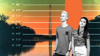 A teenage boy and teenage girl in front of an image of the Washington Monument with a chart of crime statistics in front of it | Illustration: Eddie Marshall | Rigmanyi | Dreamstime.com | Patrik Velich | Harrison Mitchell | Unsplash