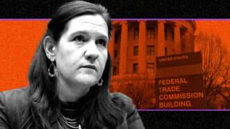 Illustration of Rebecca Kelly Slaughter in front of the Federal Trade Commission building. | Illustration: Eddie Marshall | Mattie Neretin | Sipa USA | Newscom | Paul Brady | Dreamstime.com | Midjourney