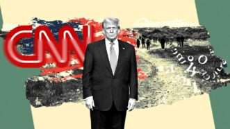 Illustration of President Donald Trump and CNN | Illustration: Eddie Marshall | ERIC LALMAND |Belga | Sipa USA | Newscom |  CNN | Midjourney