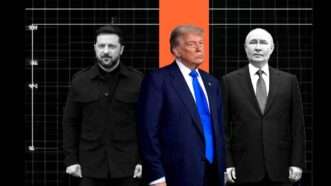 An image of, from left to right, Volodymyr Zelenskyy, Donald Trump, and Vladimir Putin, the latter two are wearing suits. | Illustration: Eddie Marshall | Kotenko Yevhen | Ukrinform | CNP | AdMedia | ABACA | APAImages | Polaris | Newscom | Midjourney