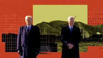 Trump on the left, Biden on the right, with a yellow and red background that includes mountains, wind turbines, and solar panels | Illustration: Eddie Marshall | Karen Ballard | ZUMAPRESS |Newscom | Midjourney