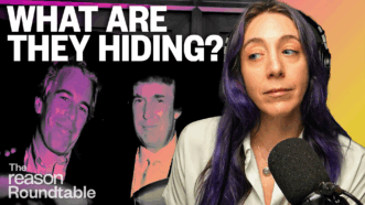 Katherine Mangu-Ward, wearing a white shirt, looks sideways toward an image of Donald Trump and Jeffrey Epstein. Bold white text above reads: “WHAT ARE THEY HIDING?” | Illustration: Eddie Marshall