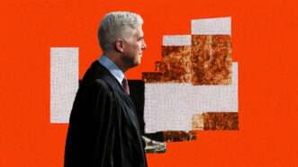 Justice Neil Gorsuch against an orange background with white and orange textured blocks | Illustration: Eddie Marshall | Graeme Sloan | Sipa USA | Newscom | Midjourney