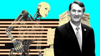 Illustration of Virginia Gov. Glenn Youngkin, a humanoid robot, and reams of paper. | Illustration: Eddie Marshall | Yasuyuki Kiriake | Jiji Press | Newscom | Midjourney