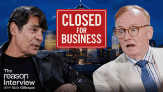 Nick Gillespie (left) and Richard E. Farley (right) are pictured in front of a nighttime image of the New York City skyline. A red sign reading “CLOSED FOR BUSINESS” hangs over a skyscraper. | Illustration: Eddie Marshall