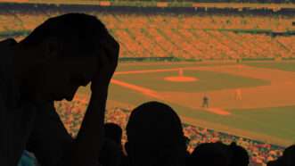 A distraught fan holds his head in his hands on the left side of the image, with a baseball field and stadium seating in the rest of the image. | Illustration: Eddie Marshall | Antonio Guillem | Jason Stitt | Dreamstime.com