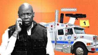 An orange background with a ATF truck in the background and a picture of Eric Adams in the foreground | Illustration: Eddie Marshall | Barry Williams | TNS | Newscom | Wikimedia Commons