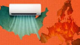 Illustration of an air conditioner over the U.S. and Europe on fire | Illustration: Eddie Marshall | ChatGPT | Midjourney