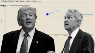 Illustration of Donald Trump and Jerome Powell in front of a graph of the upper limit of the federal funds target range | Illustration: Eddie Marshall | Aaron Schwartz | Sipa USA | Newscom | Federal Reserve Bank of St Louis
