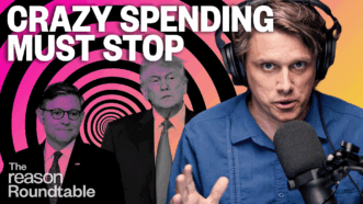 Eric Boehm speaks into a microphone with a serious expression, flanked by images of Donald Trump and Speaker Mike Johnson in front of a hypnotic spiral backdrop. Bold text at the top reads "CRAZY SPENDING MUST STOP." | Illustration: Eddie Marshall