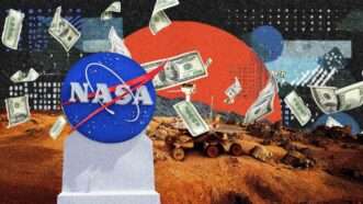 The NASA logo in front of a photo of Mars, with cash in the background | Illustration: Eddie Marshall | Maksym Velishchuk |James Group Studios, Inc. | Tomas Ondrejka | Dreamstime.com | Midjourney