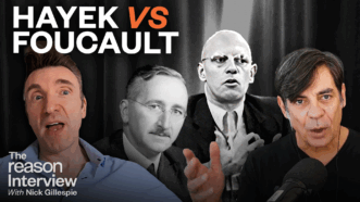 Mark Pennington is on the left, speaking with an animated expression and wearing a light blue shirt. Nick Gillespie on the right, speaking into a microphone and wearing a black shirt. Between them are black-and-white images of Friedrich Hayek and Michel Foucault. Bold text at the top reads “HAYEK VS FOUCAULT.” | Illustration: Eddie Marshall