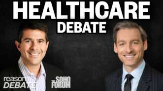 Pictures of Jacob Hacker and David Goldhill against a dark background with the words "healthcare debate" across the image and the Soho Forum and Reason debate logos | Graphic by Brett Raney