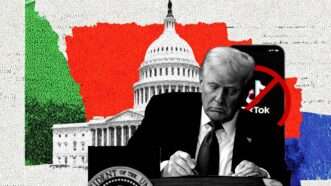 President Donald Trump signing a document, the U.S. Capitol, and a phone with the TikTok logo crossed out. | Illustration: Eddie Marshall | Sipa USA | Newscom | ChatGPT |Midjourney