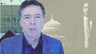 James Comey, his Instagram post with "86 47," and the U.S. Capitol. | Illustration: Eddie Marshall | Stefani Reynolds | Pool via CNP | SplashNews | Midjourney