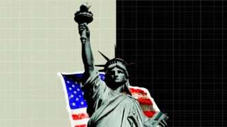 The Statute of Liberty stands in front of the American flag | Illustration: Eddie Marshall | Midjourney